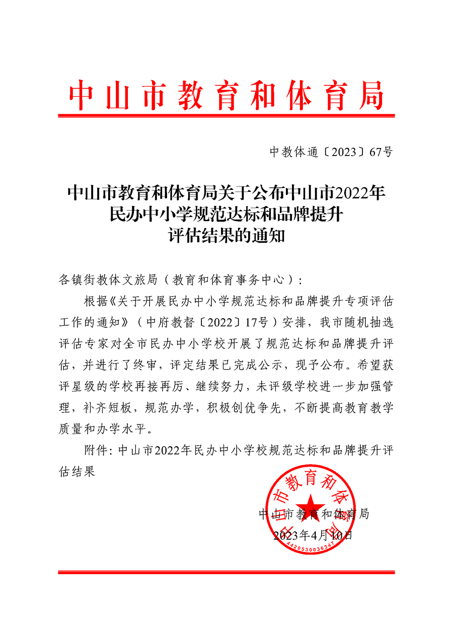 （已盖章）2023通67-关于公布中山市2022年民办中小学规范达标和品牌提升评估结果的通知_页面_1.png